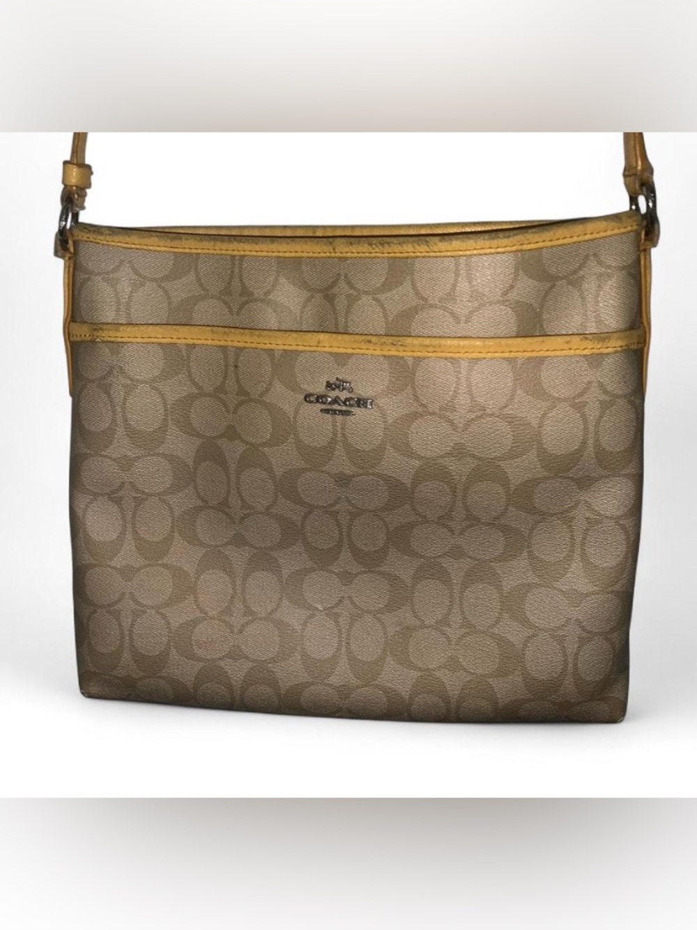 Coach Khaki and Yellow Trim Signature Crossbody Bag - Picture 2 of 5